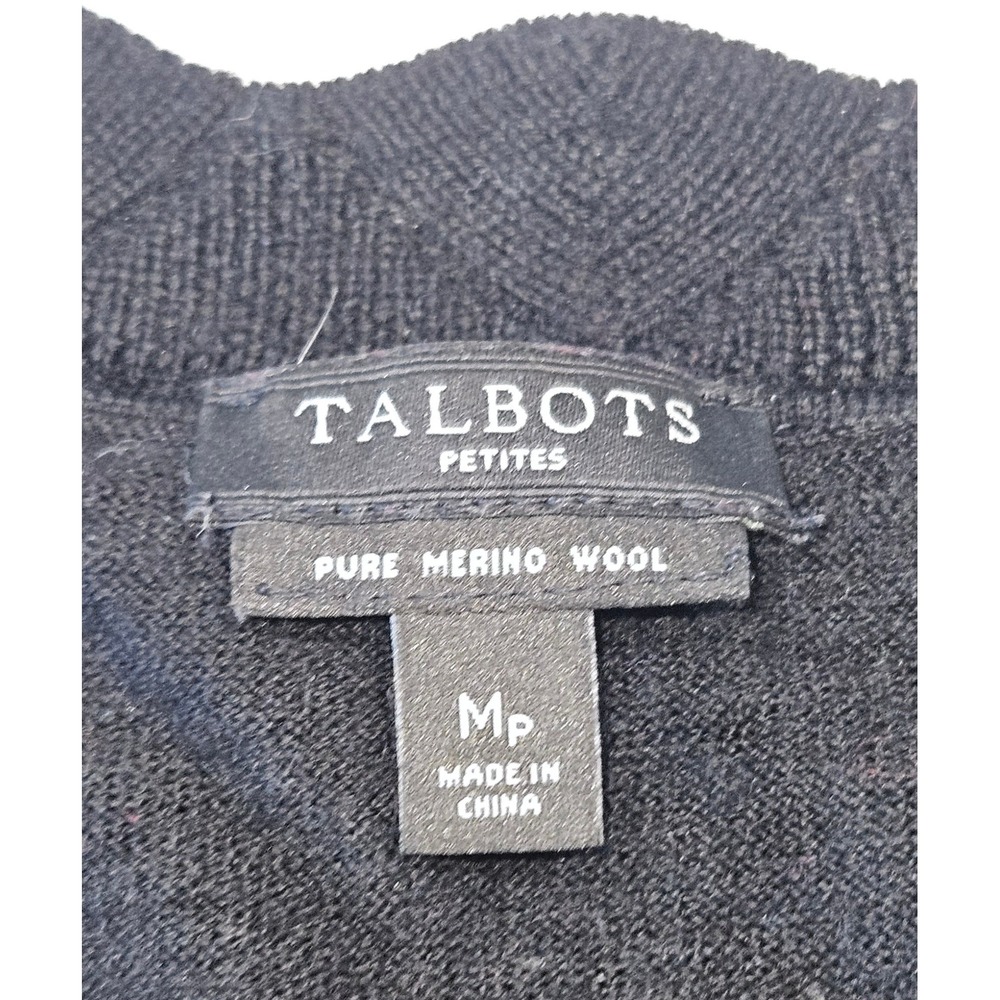 Talbots Pure Merino Wool Sweater Womens MP Black Scalloped Neck Fine Knit Luxe - Picture 3 of 6